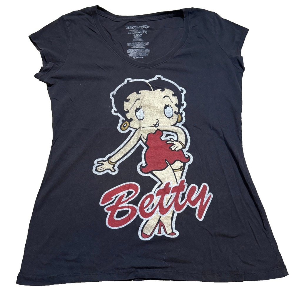 Betty Boop Short Sleeve T-Shirt Black Junior Size XXL 100% Cotton V-Neck Top XXG